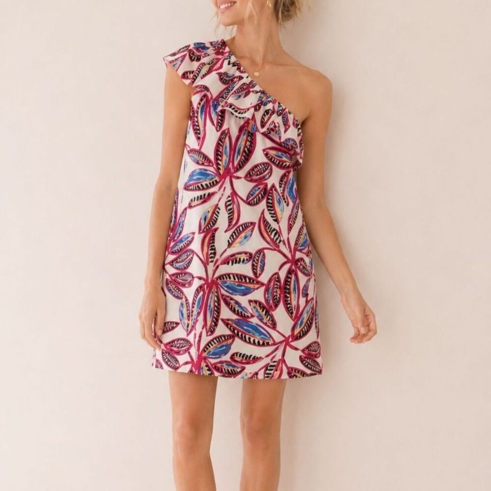 J. Crew One Shoulder Linen Dress XS Floral Resort Coastal Chic Summer Vacation